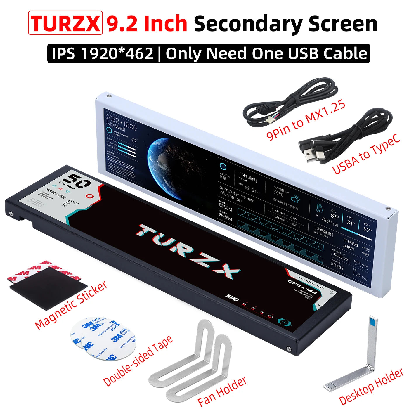 TURZX 9.2” USB PC Sensor Panel – Secondary Hardware Monitor Display