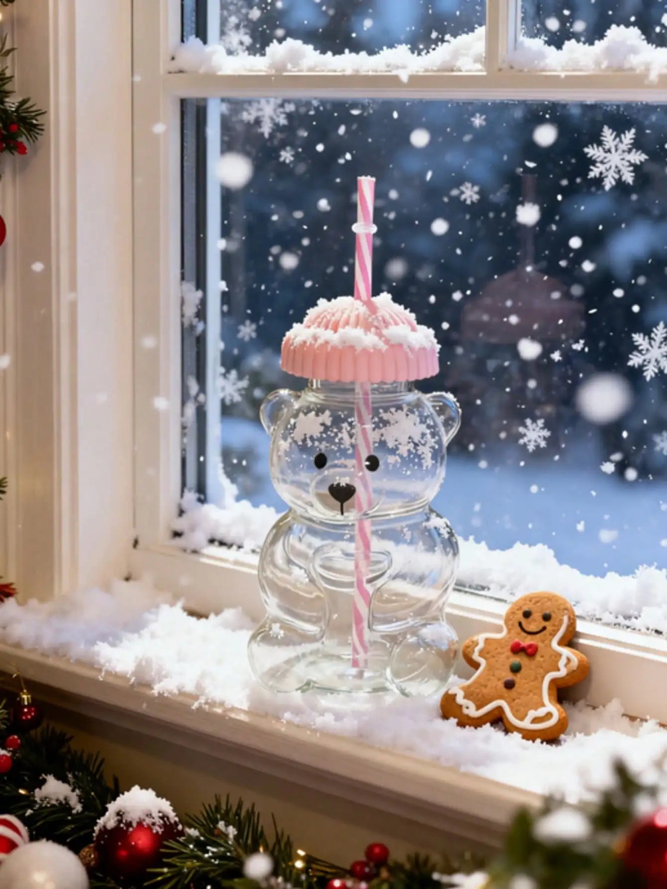 Sweetheart Bear-Shaped Glass Cup With Pink Hat Lid & Straw