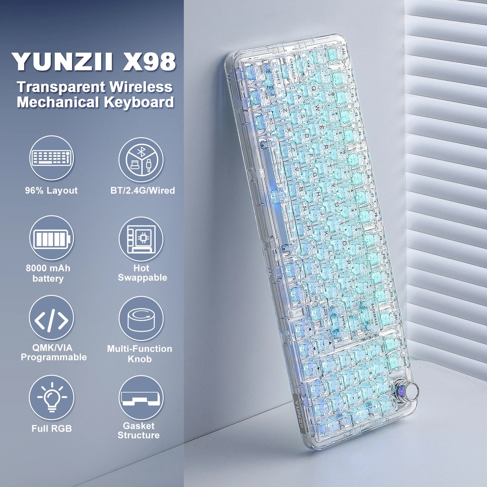 YUNZII X98 Transparent Wireless Gasket Mount Mechanical RGB Keyboard with Knob