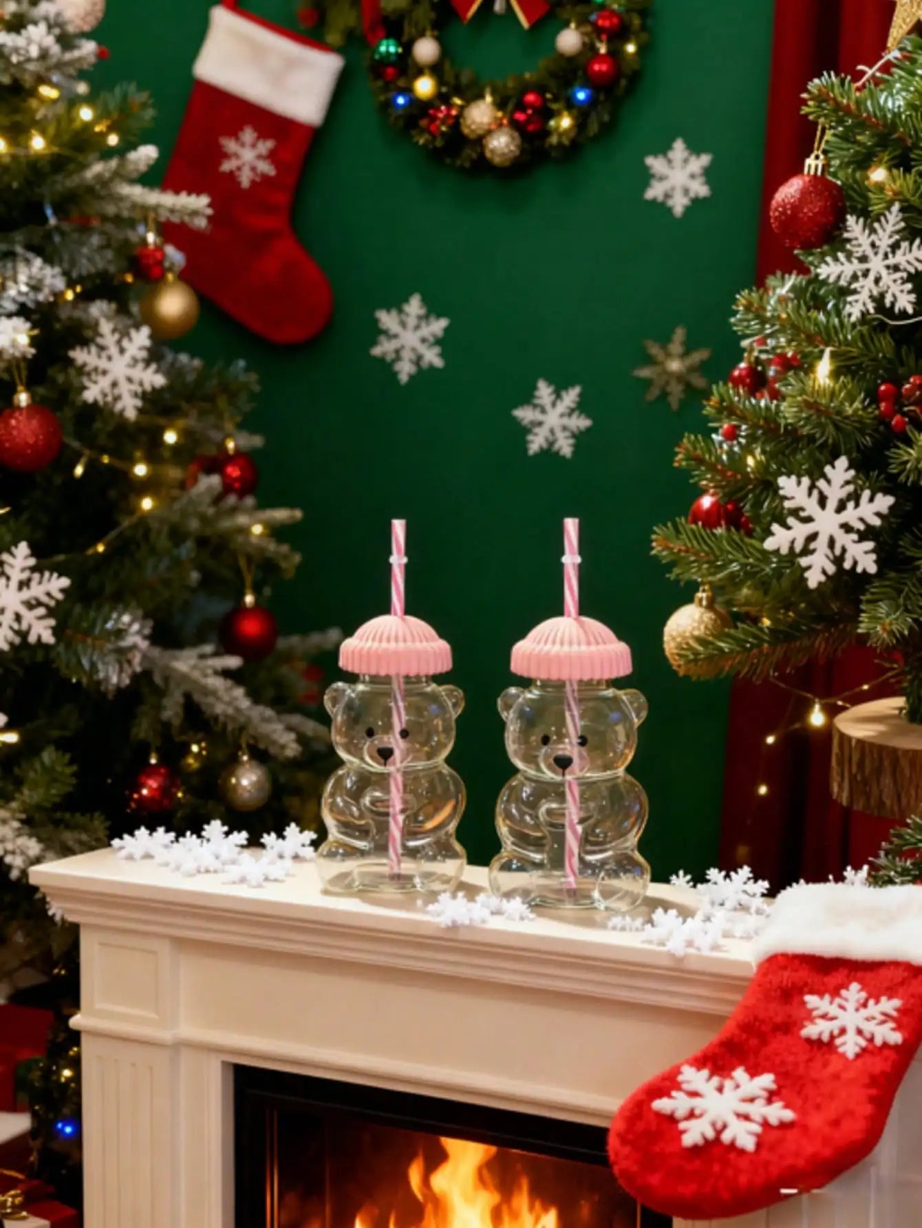 Sweetheart Bear-Shaped Glass Cup With Pink Hat Lid & Straw