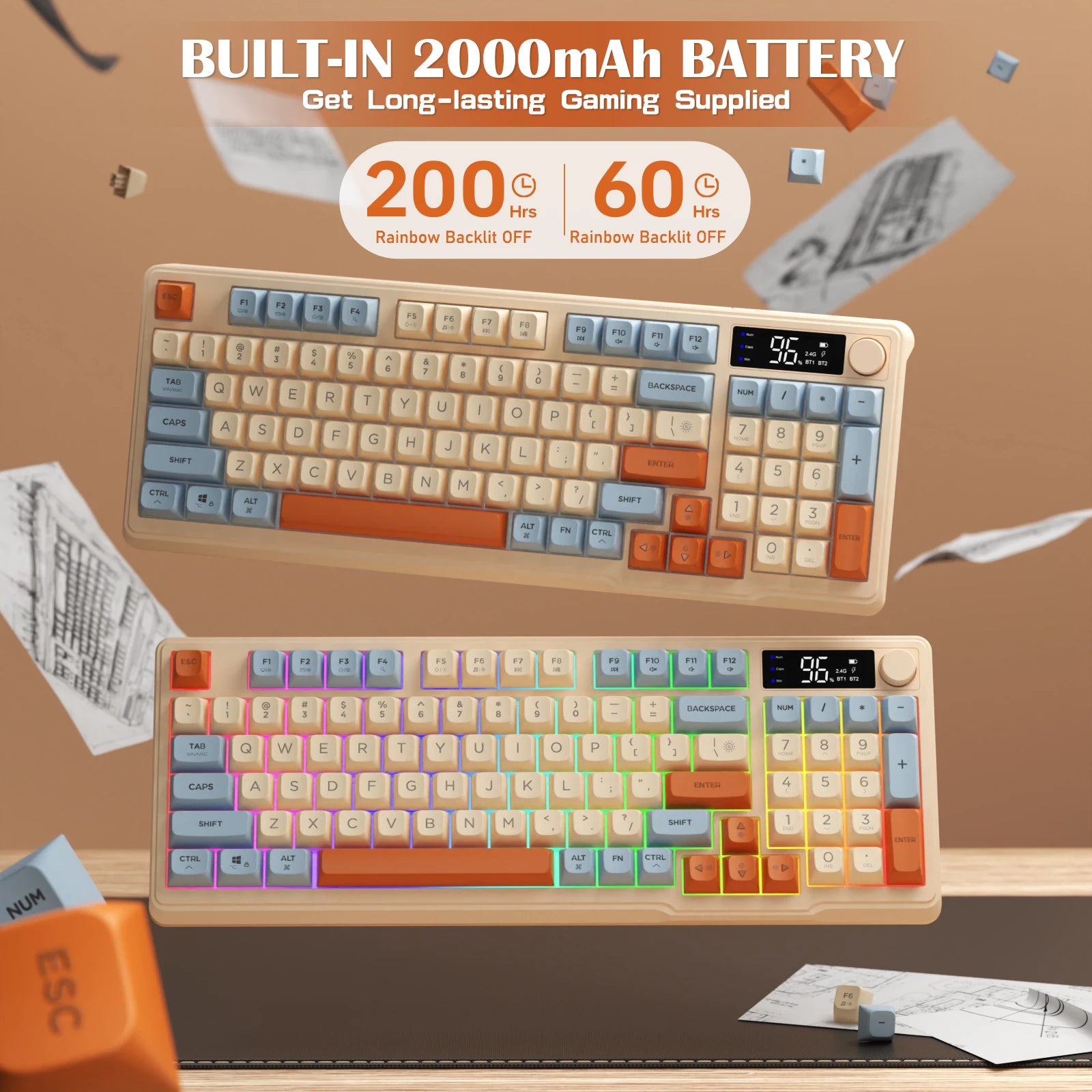 FreeWolf M96 Wireless Membrane Keyboard with Display Screen & Knob