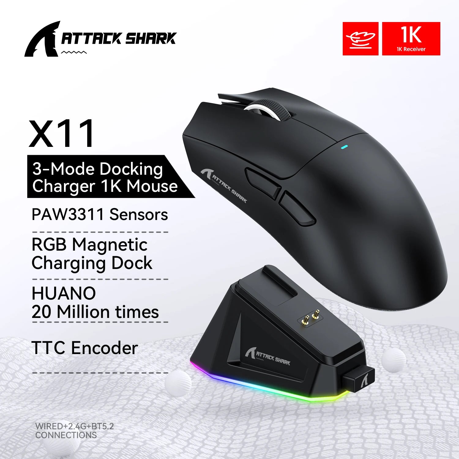 Attack Shark X11&R1 Tri Mode Bluetooth Wireless Mouse With Charger Base