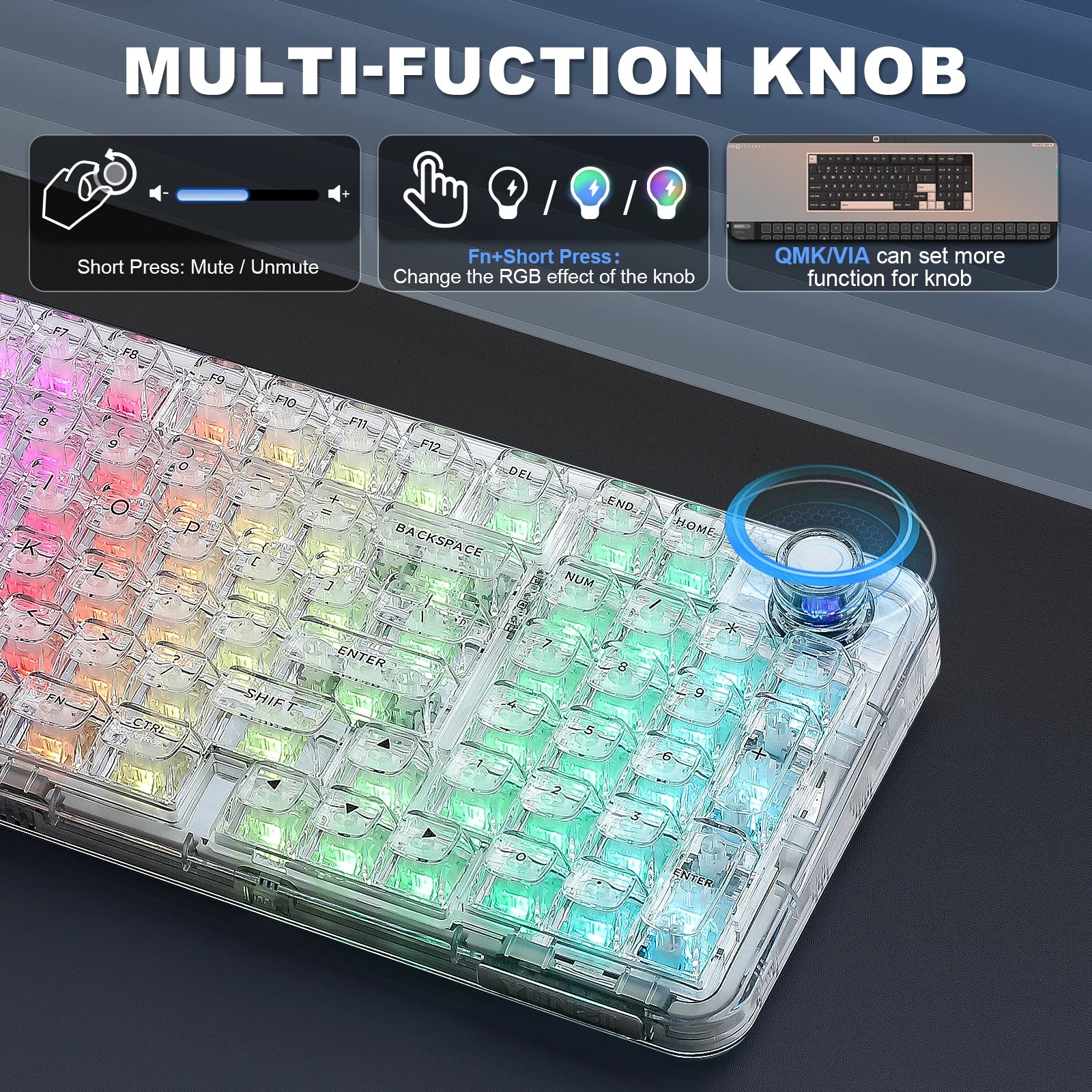 YUNZII X98 Transparent Wireless Gasket Mount Mechanical RGB Keyboard with Knob