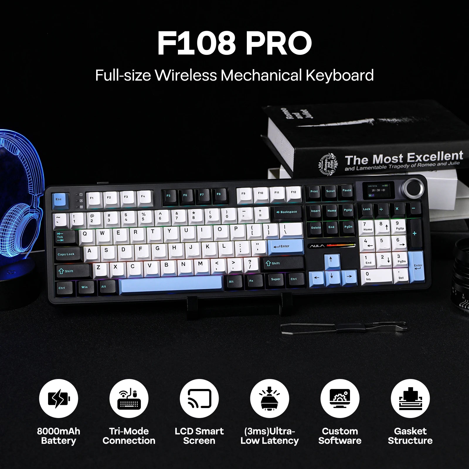 EPOMAKER AULA F108 PRO Full Size 100% Layout Gasket Mounted Wireless Keyboard