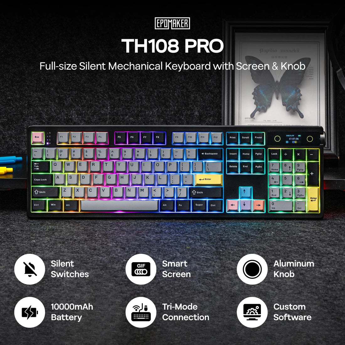 EPOMAKER TH108 PRO 100% Full-Sized Hot-Swap Wireless Keyboard with Screen & Knob