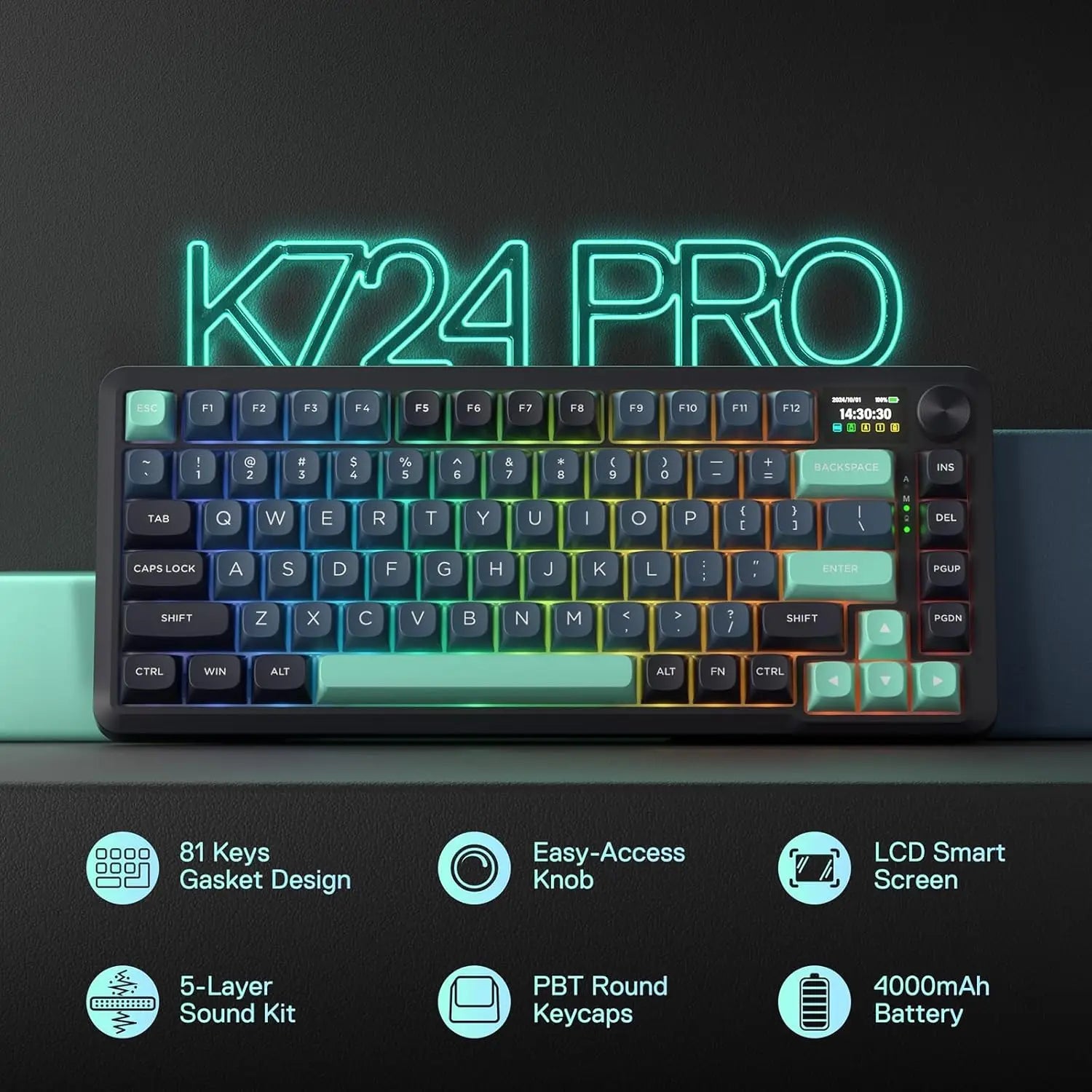 Redragon K724 PRO Wireless Gasket Gaming Keyboard w/ Screen & Knob & Mint Mambo Switches
