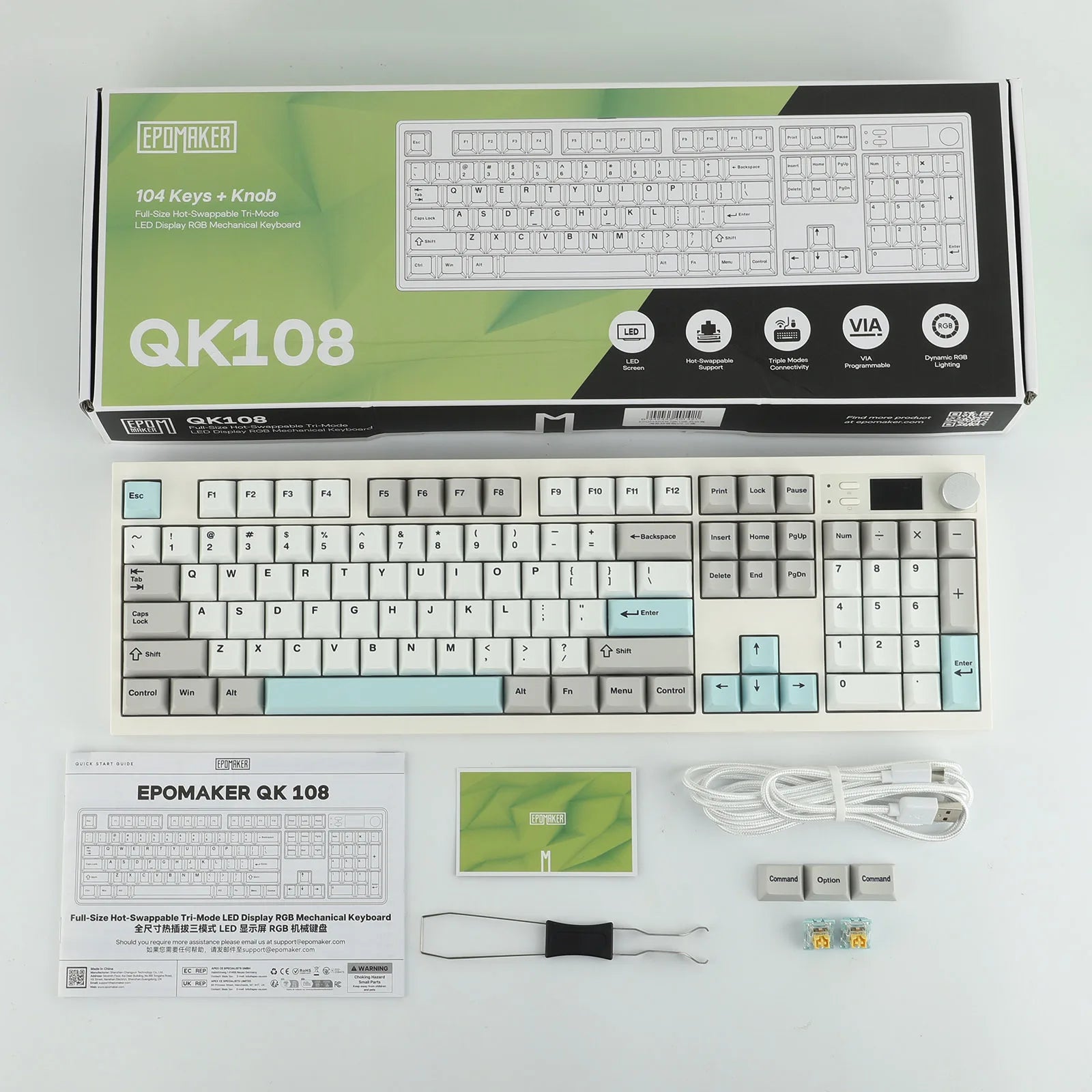 EPOMAKER QK108 100% Full-Sized Layout Wired/Bluetooth/2.4Ghz Wireless Mechanical Keyboard