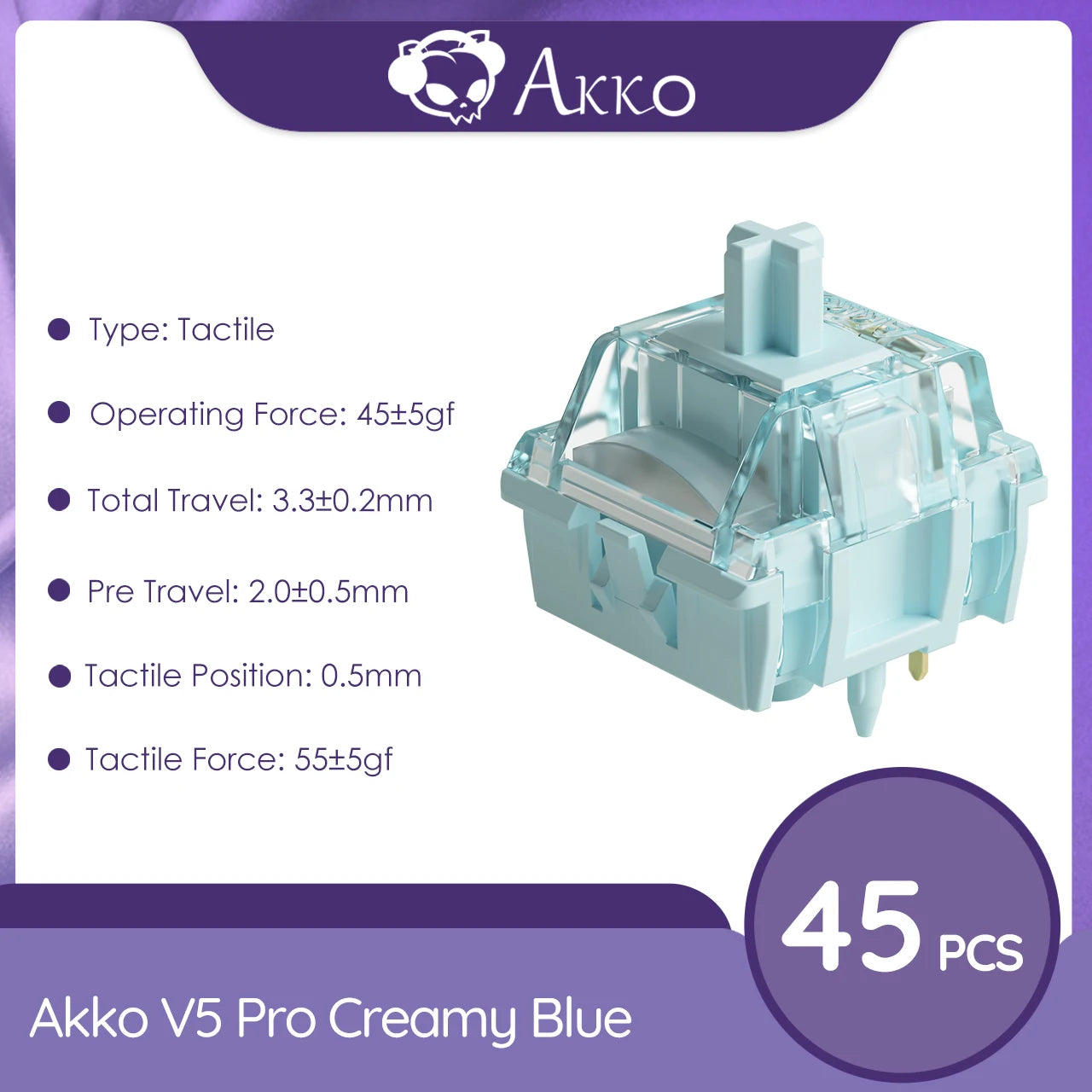 Akko V5 Pro Creamy Blue 5 Pin 45gf Thocky Tactile Switch Factory Lubed Switch