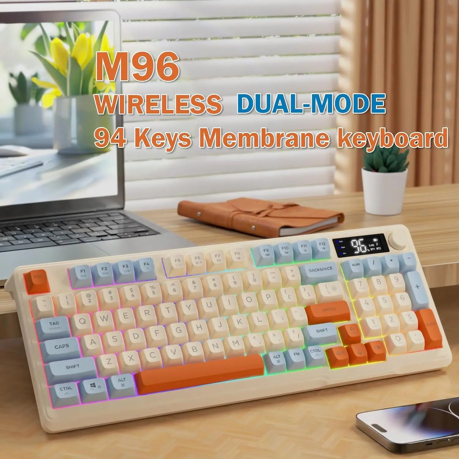 FreeWolf M96 Wireless Membrane Keyboard with Display Screen &amp; Knob