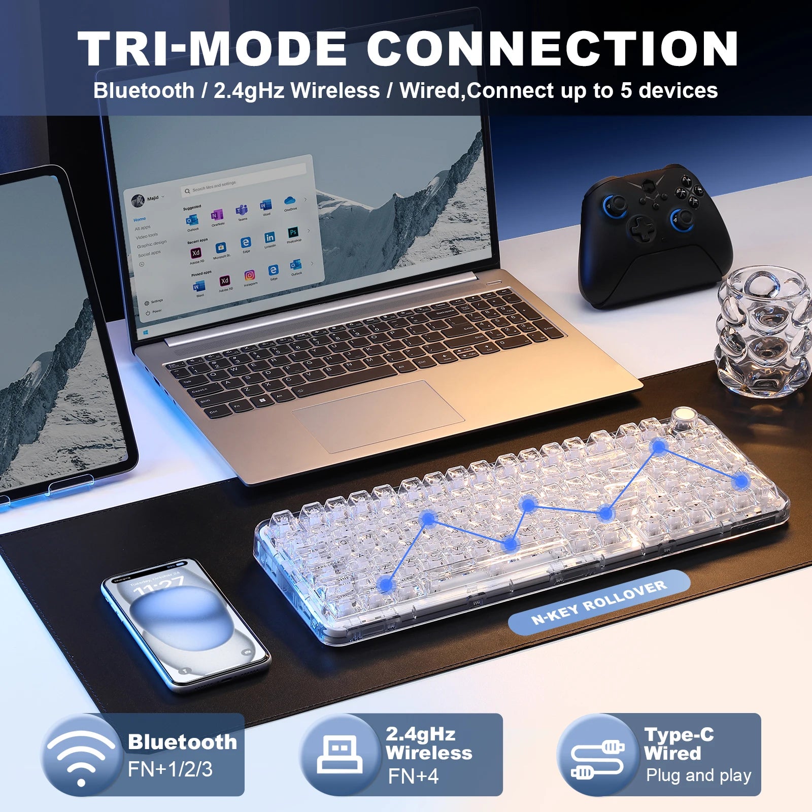 YUNZII X98 Transparent Wireless Gasket Mount Mechanical RGB Keyboard with Knob