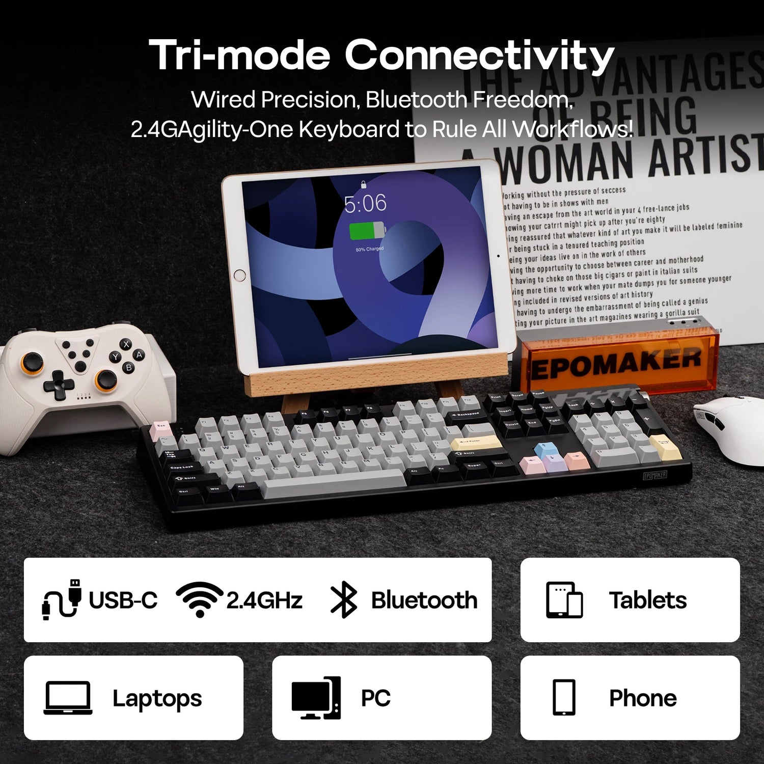 EPOMAKER TH108 PRO 100% Full-Sized Hot-Swap Wireless Keyboard with Screen &amp; Knob