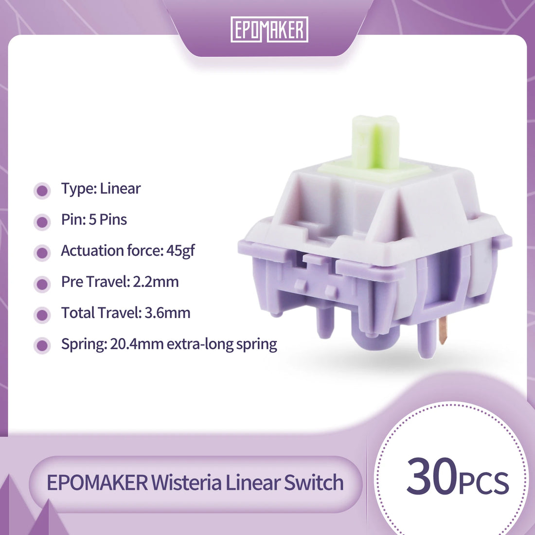 30/100 Piece EPOMAKER Wisteria Linear 45gf Factory Lubed 5-Pin Switches