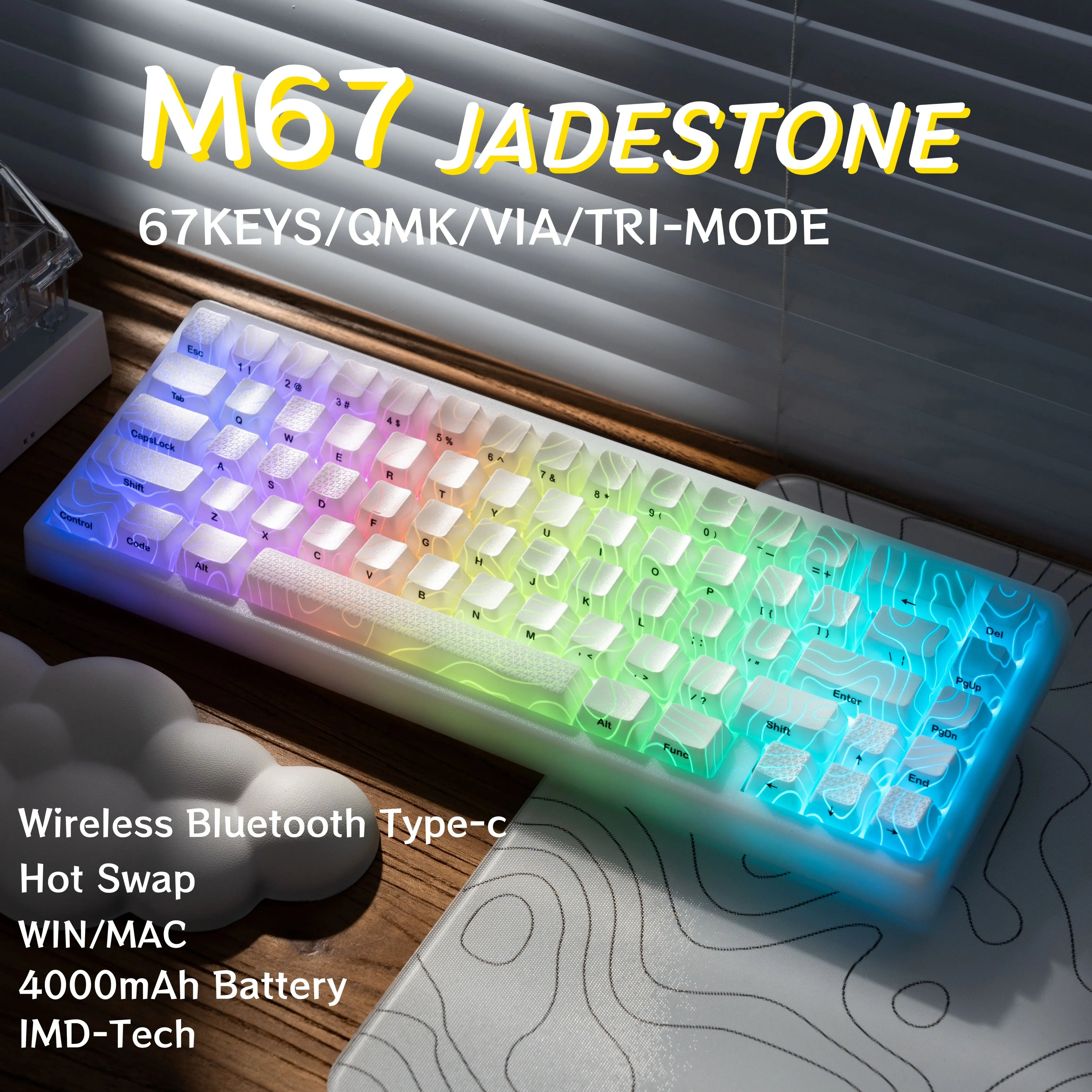 XVX M67 JadeStone 65% Hot Swappable Gasket Mount, Tri-Mode Custom RGB Keyboard with IMD-Tech Keycaps