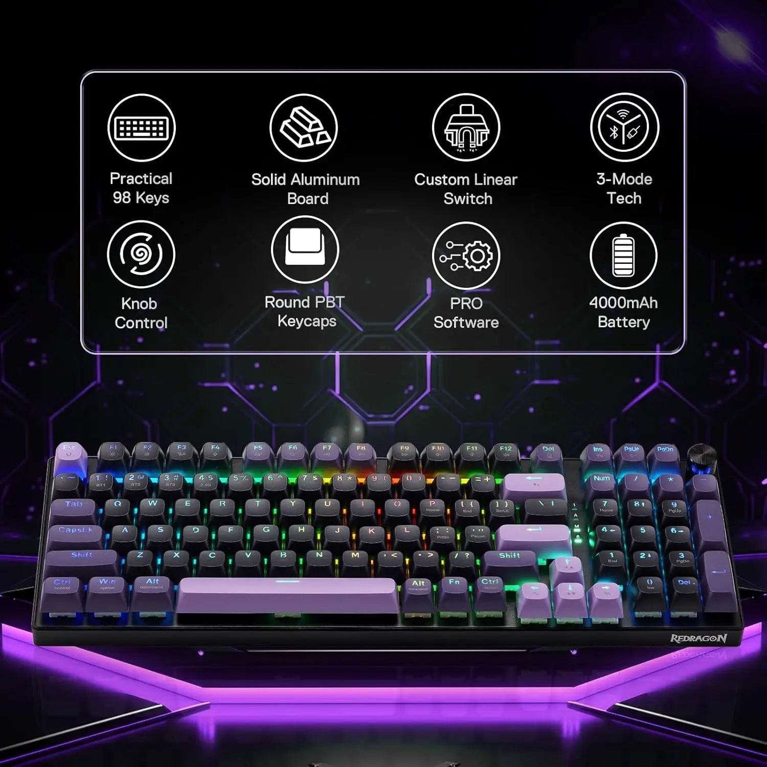 Redragon K740 PRO 98 Keys Wireless RGB Keyboard w/ tri-mode &amp; Solid Aluminum Base