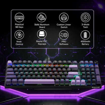 Redragon K740 PRO 98 Keys Wireless RGB Keyboard w/ tri-mode &amp; Solid Aluminum Base