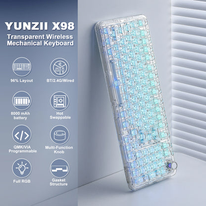 YUNZII X98 Transparent Wireless Gasket Mount Mechanical RGB Keyboard with Knob
