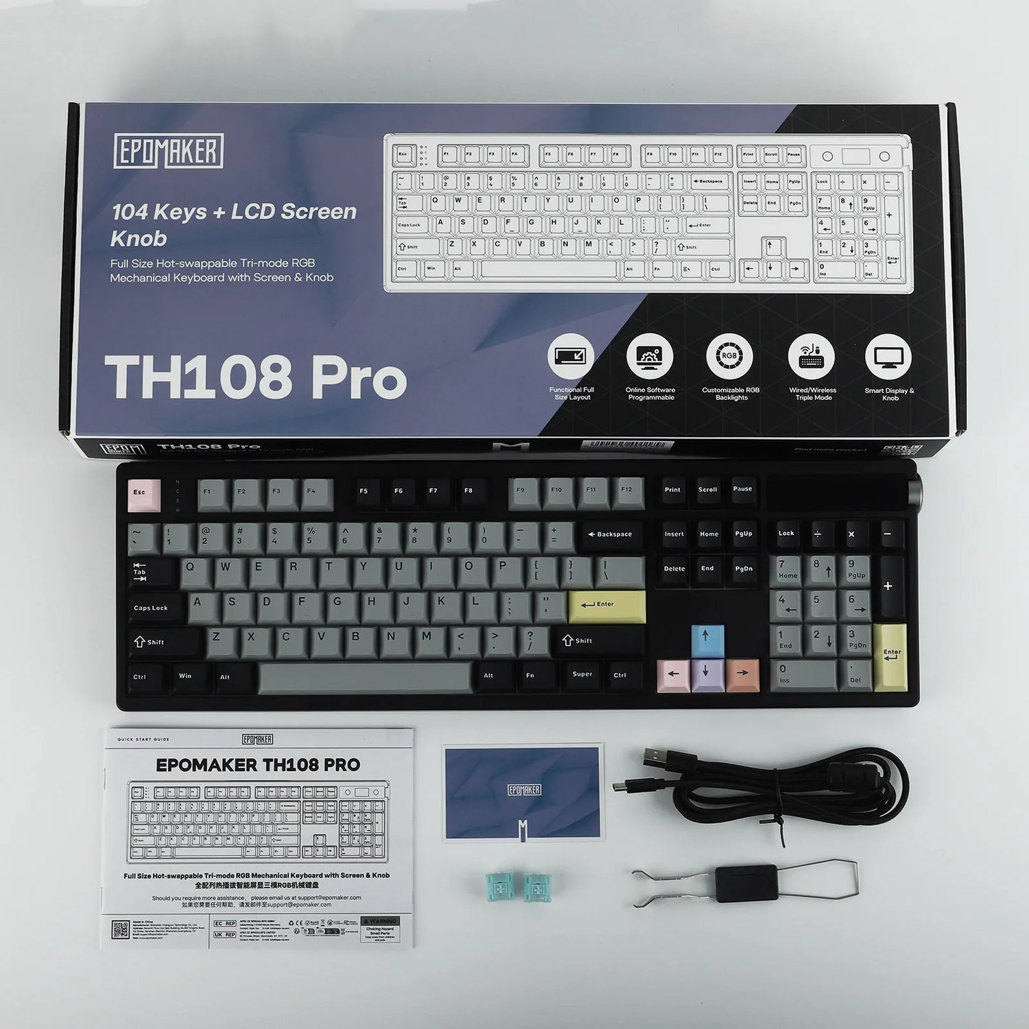 EPOMAKER TH108 PRO 100% Full-Sized Hot-Swap Wireless Keyboard with Screen &amp; Knob