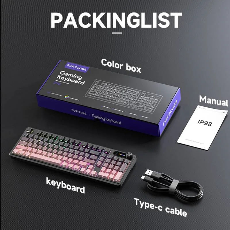 FURYCUBE IP98 Wired Membrane Keyboard - 98 Keys with RGB Translucent Characters &amp; Knob