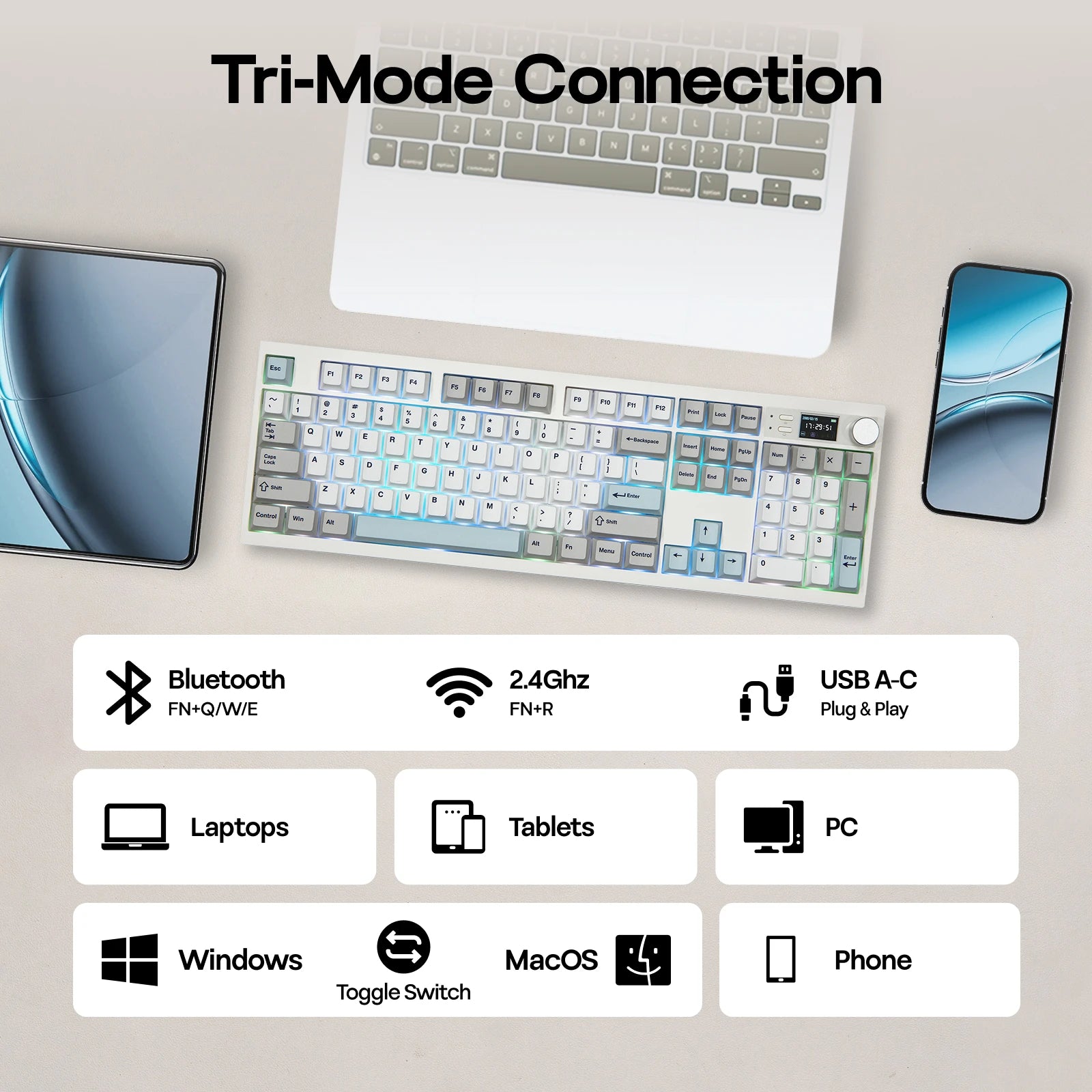 EPOMAKER QK108 100% Full-Sized Layout Wired/Bluetooth/2.4Ghz Wireless Mechanical Keyboard