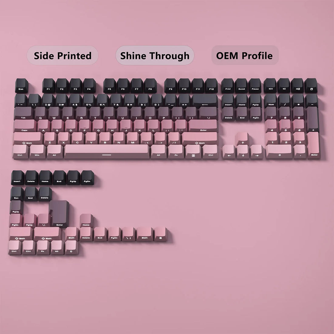 Gradient Side Printed Shine Through PBT Double Shot OEM Profile Keycaps for MX Switches 130 Count