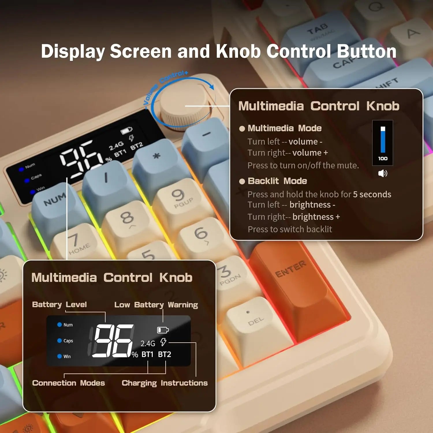 FreeWolf M96 Wireless Membrane Keyboard with Display Screen &amp; Knob