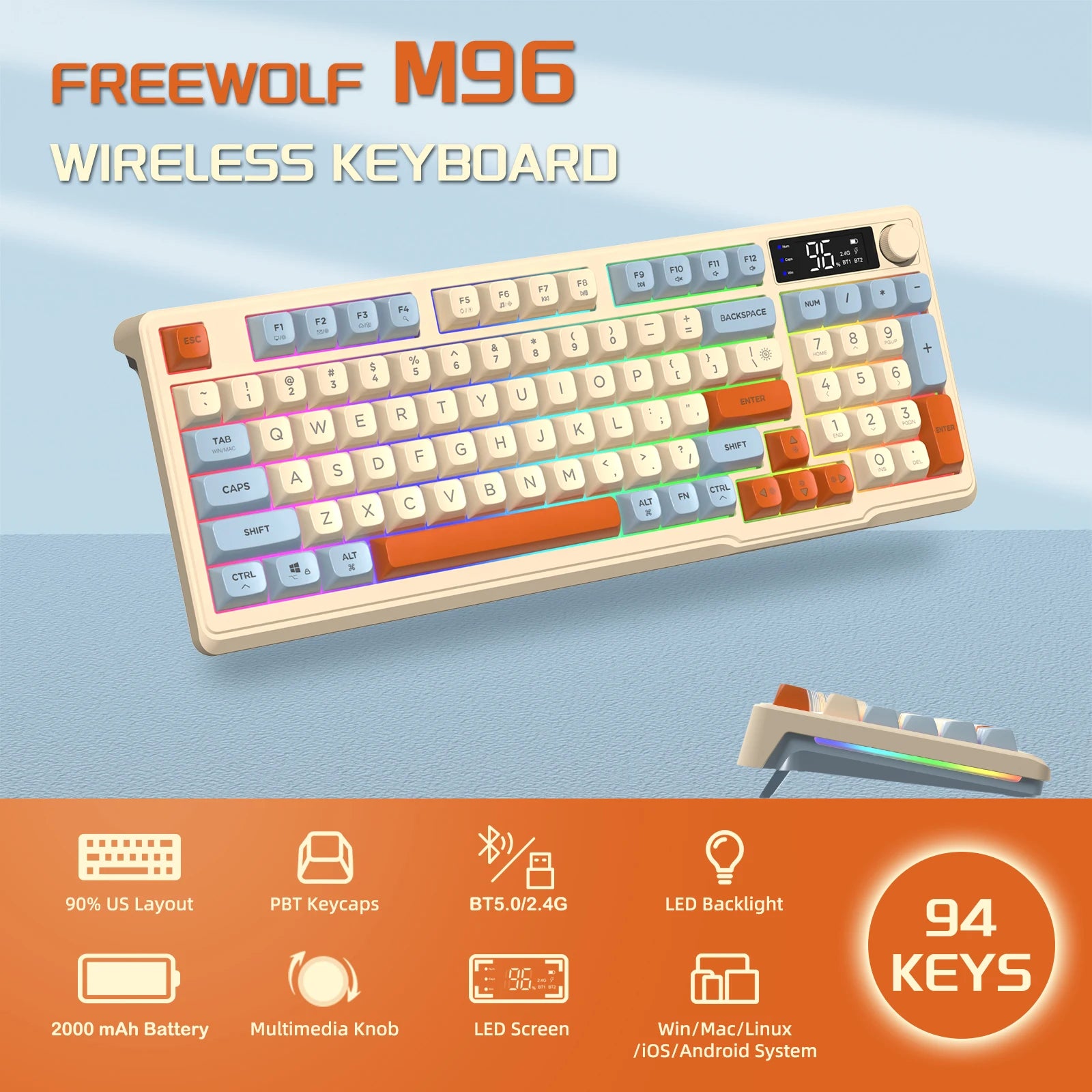 FreeWolf M96 Wireless Membrane Keyboard with Display Screen &amp; Knob