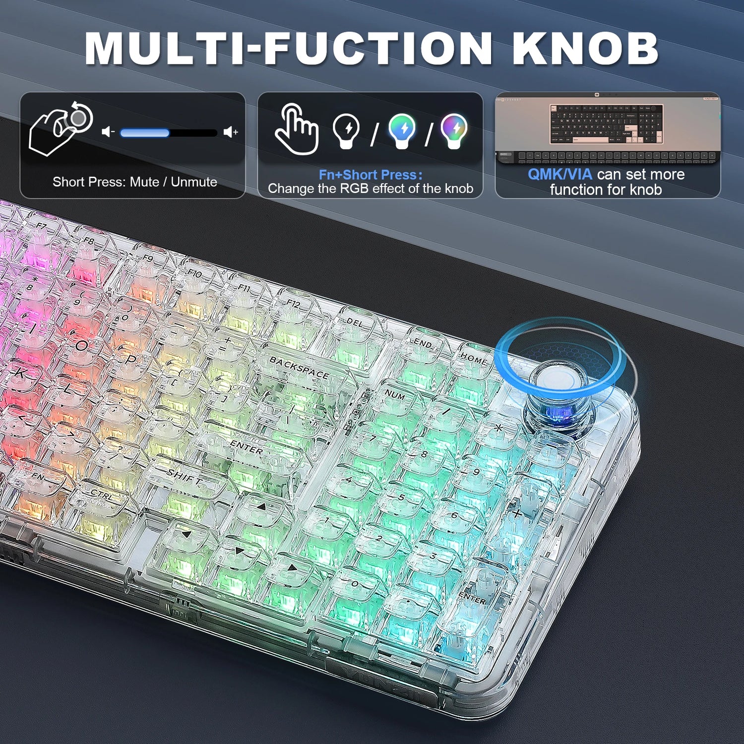 YUNZII X98 Transparent Wireless Gasket Mount Mechanical RGB Keyboard with Knob