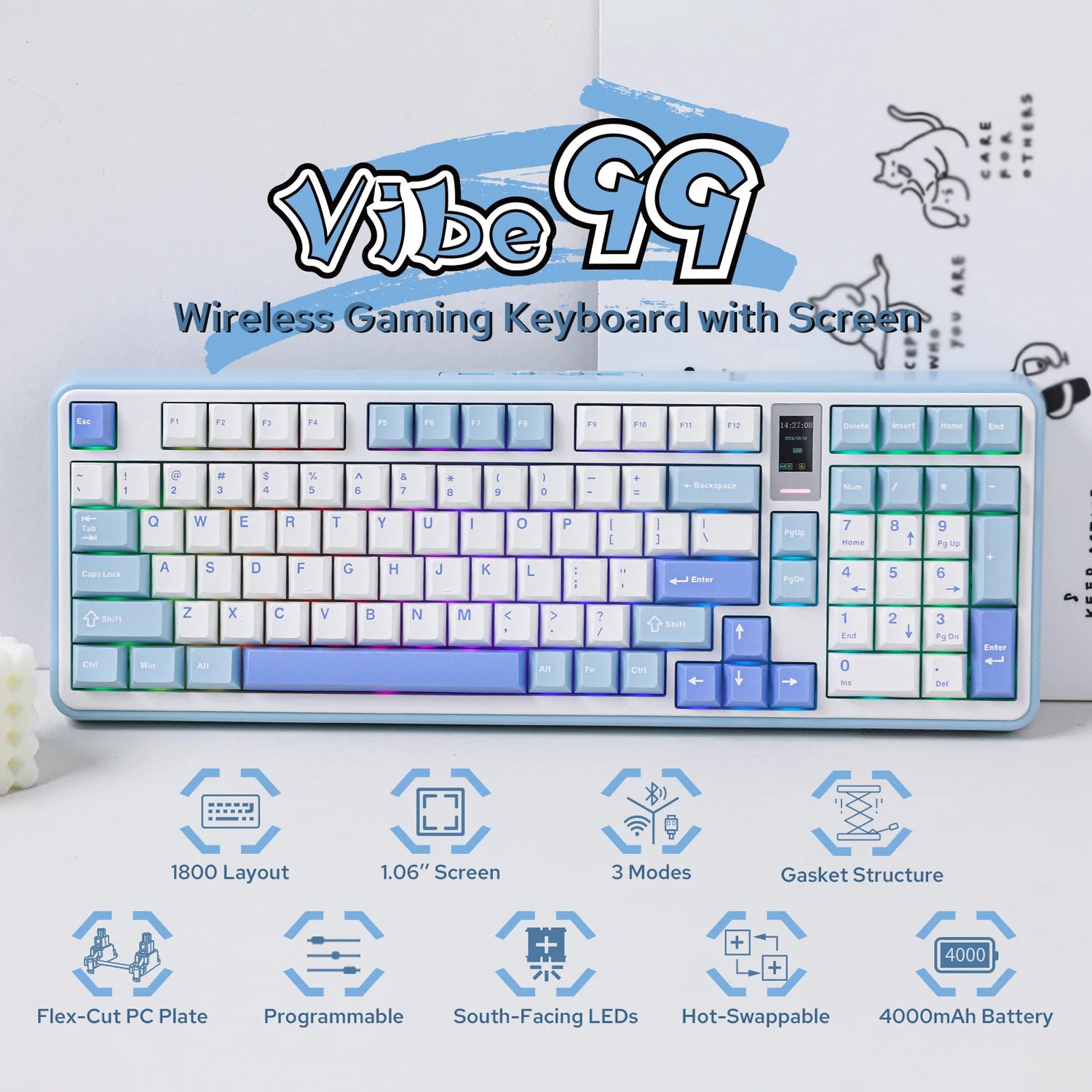 MechLands Vibe99 Gasket-mounted Wireless Mechanical Keyboard with 1.06-Inch TFT Screen