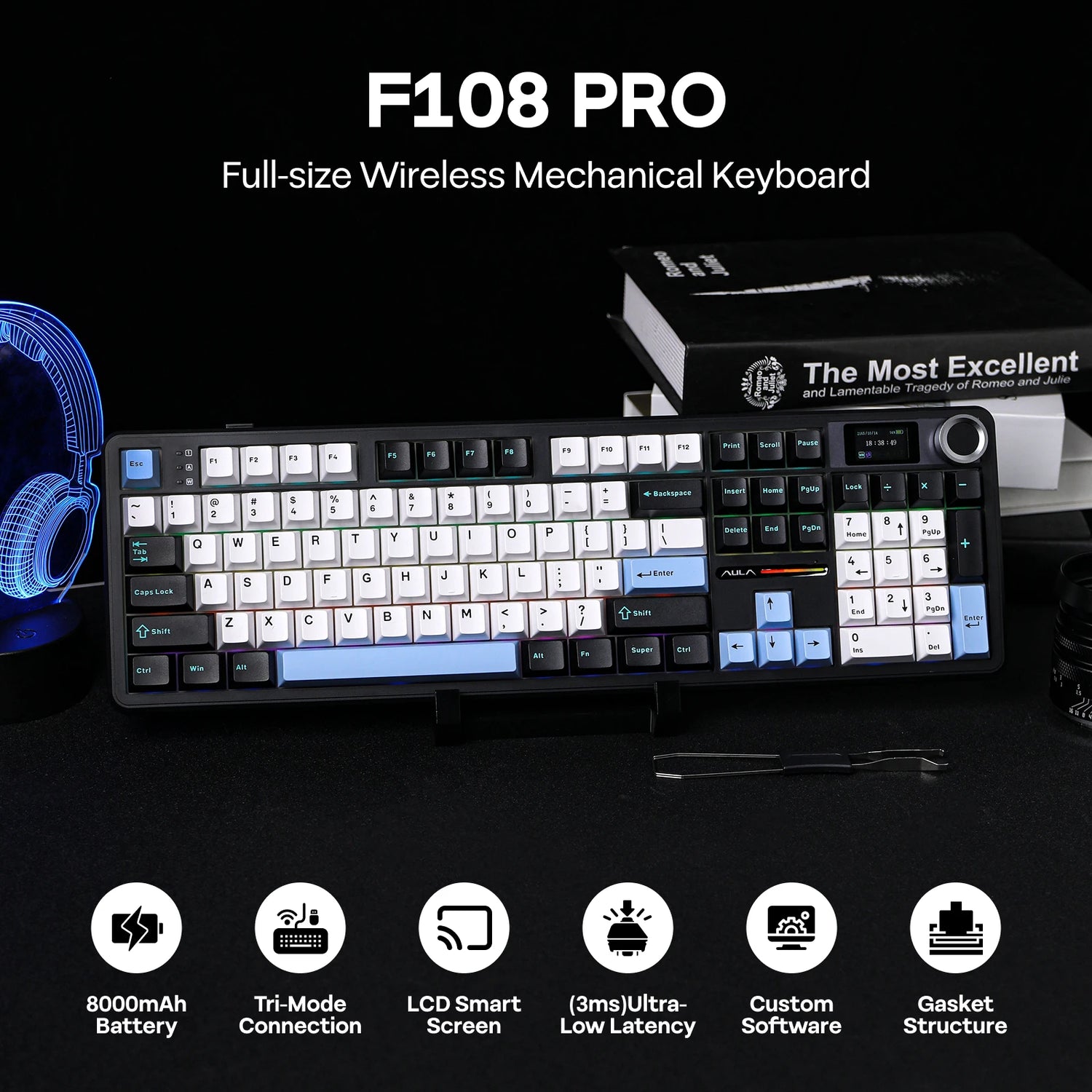 EPOMAKER AULA F108 PRO Full Size 100% Layout Gasket Mounted Wireless Keyboard