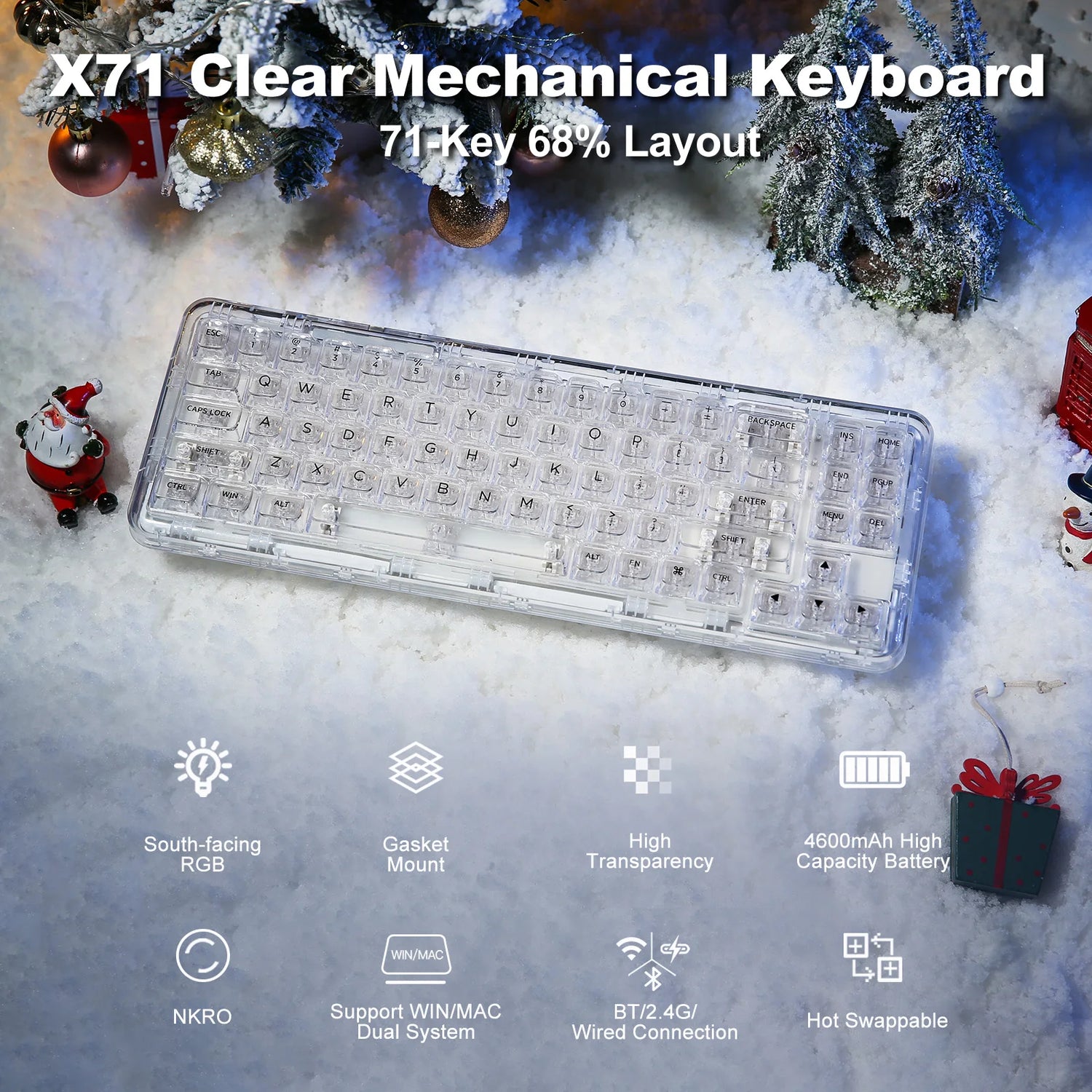 YUNZII X71 Wireless Gasket Mounted 68% Layout Transparent Keyboard