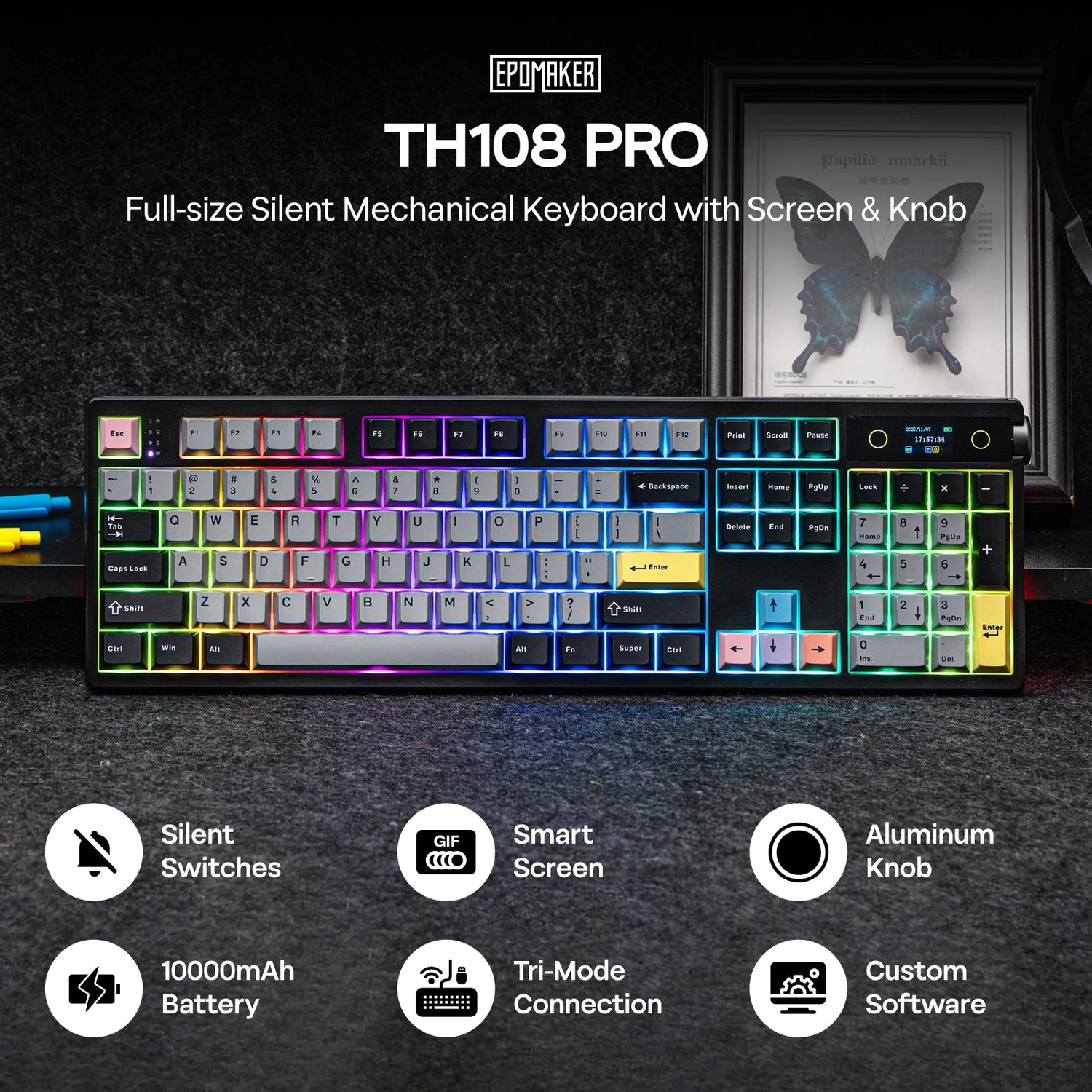EPOMAKER TH108 PRO 100% Full-Sized Hot-Swap Wireless Keyboard with Screen &amp; Knob