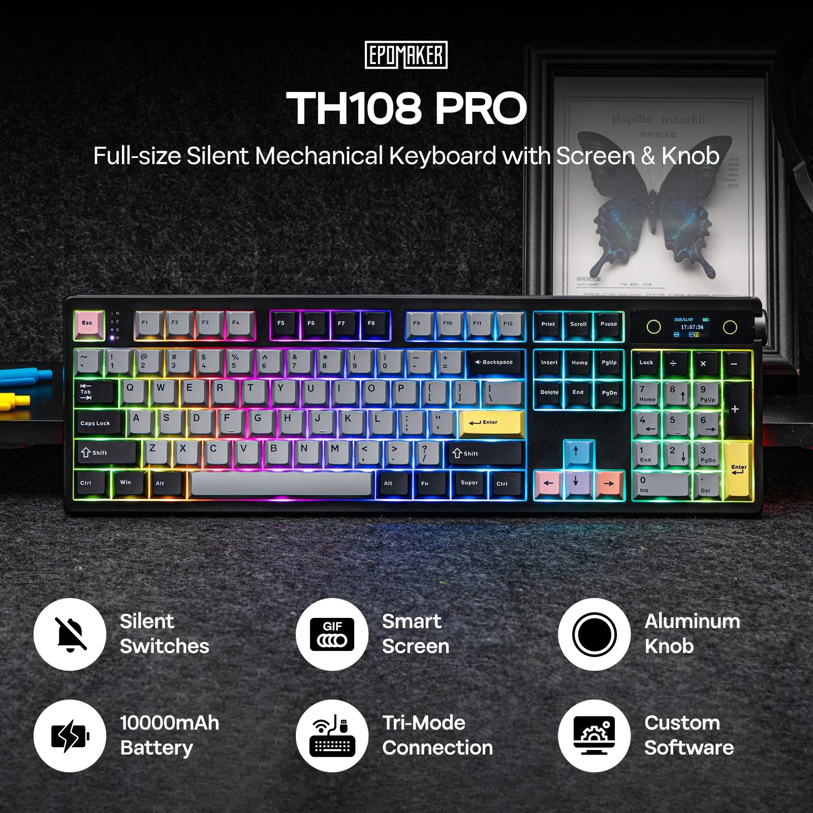 EPOMAKER TH108 PRO 100% Full-Sized Hot-Swap Wireless Keyboard with Screen &amp; Knob