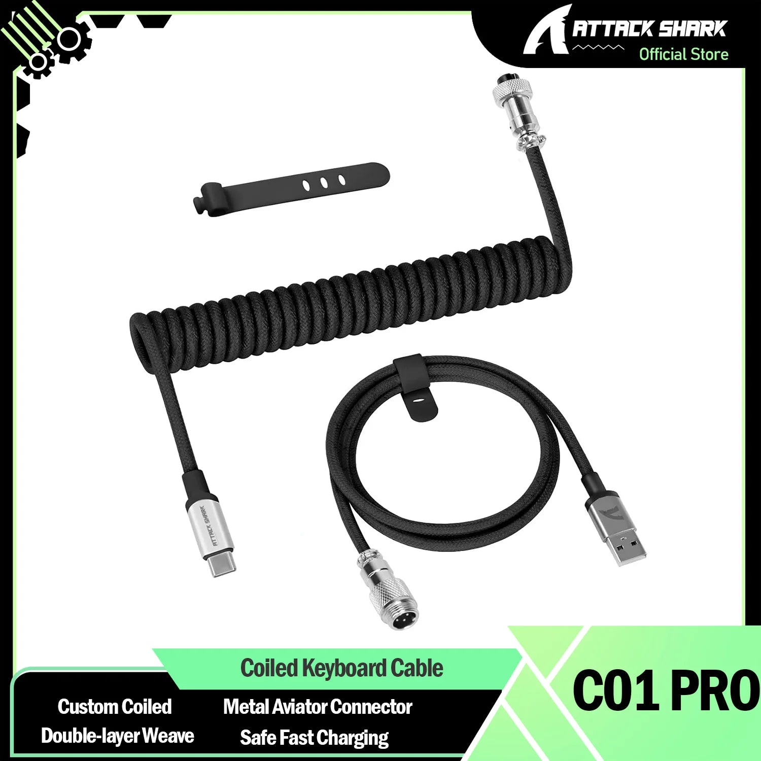 ATTACK SHARK C01 PRO Coiled USB C Custom Braided Double-Sleeved Mechanical Keyboard Charging Cable