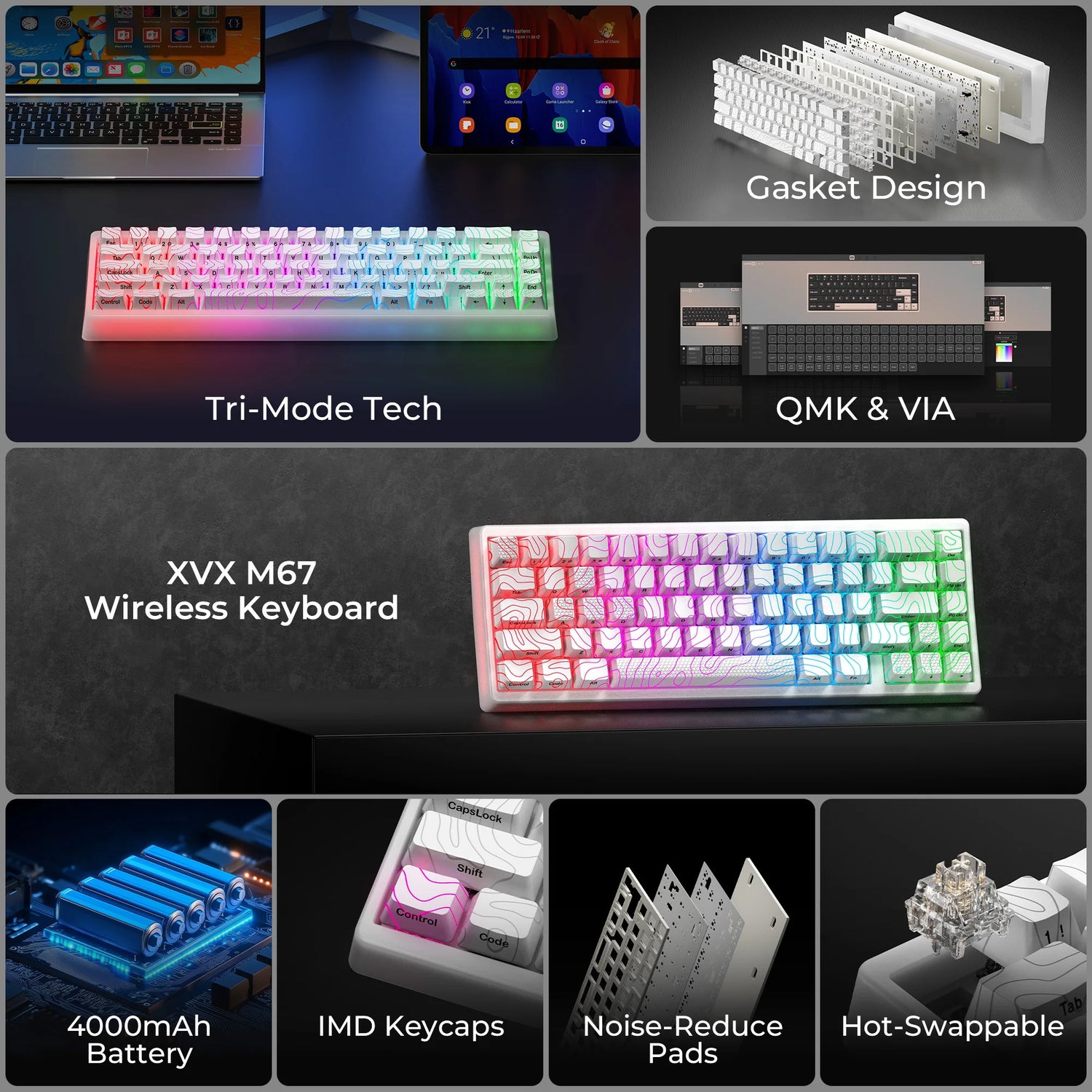 XVX M67 JadeStone 65% Hot Swappable Gasket Mount, Tri-Mode Custom RGB Keyboard with IMD-Tech Keycaps