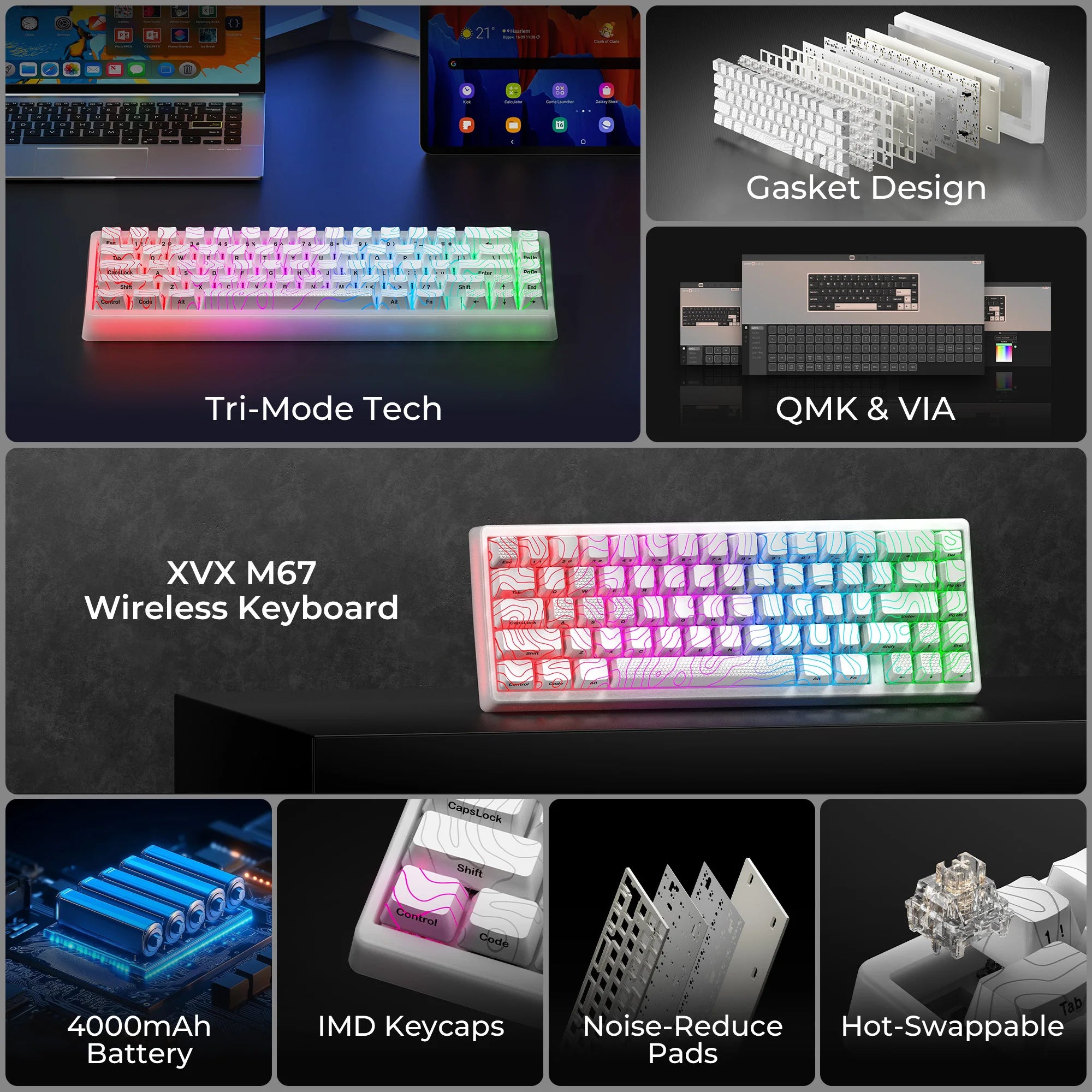 XVX M67 JadeStone 65% Hot Swappable Gasket Mount, Tri-Mode Custom RGB Keyboard with IMD-Tech Keycaps