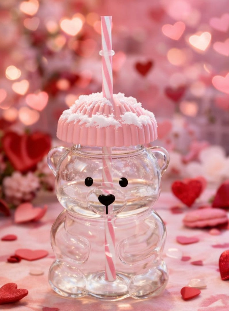 Sweetheart Bear-Shaped Glass Cup With Pink Hat Lid &amp; Straw