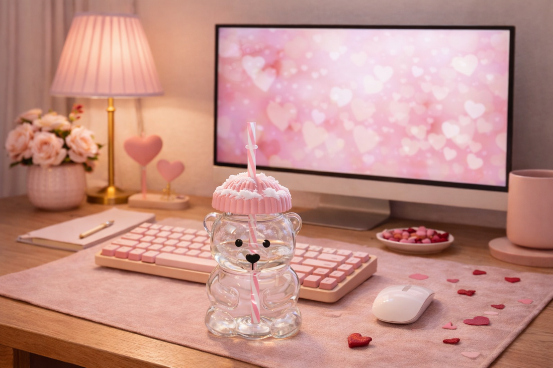 Sweetheart Bear-Shaped Glass Cup With Pink Hat Lid & Straw